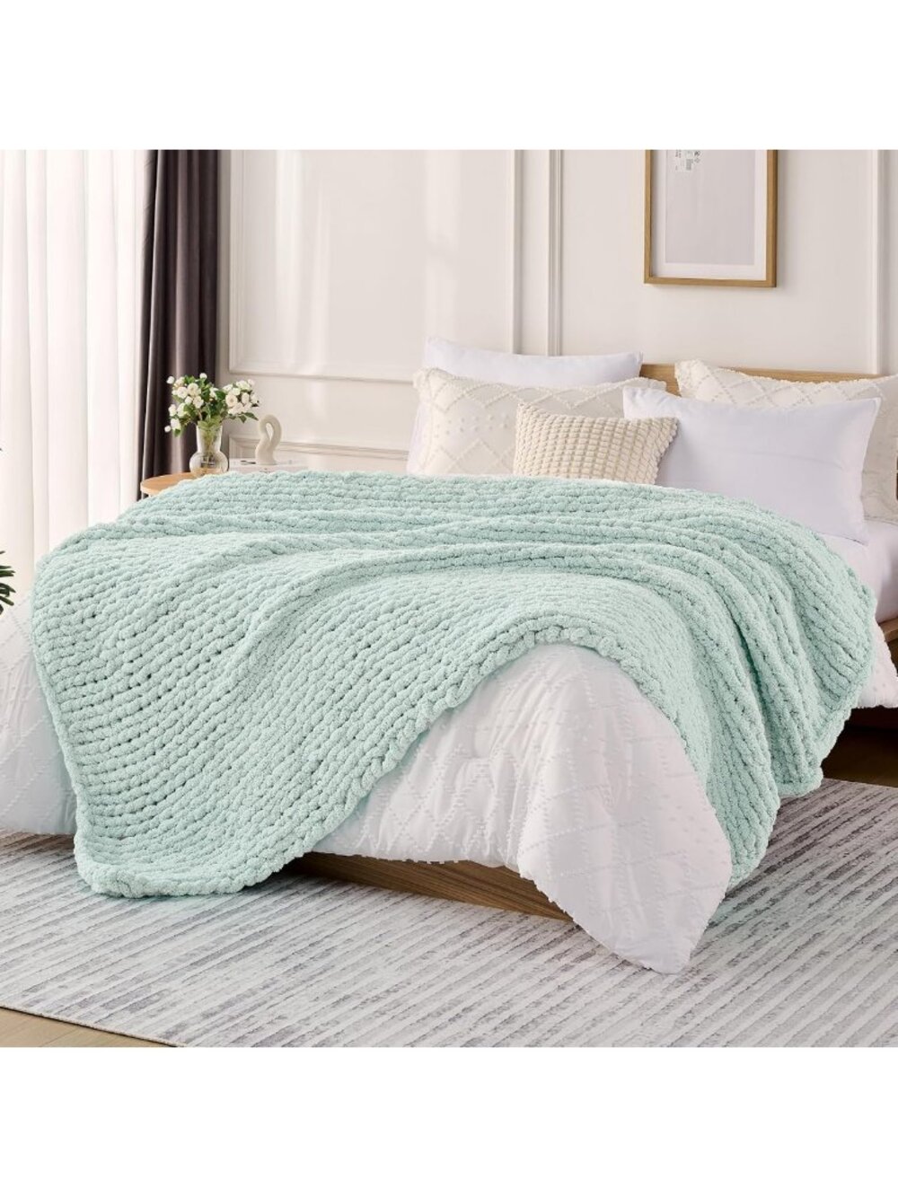 Cozy Mint Green Chunky Knit Throw Blanket for Couch, 50x60 Inches, Soft & Warm